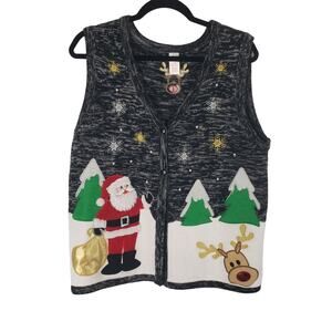 Holiday Time Funky Ugly Santa Rudolf Holiday Sweater Button Down Vest Unisex L